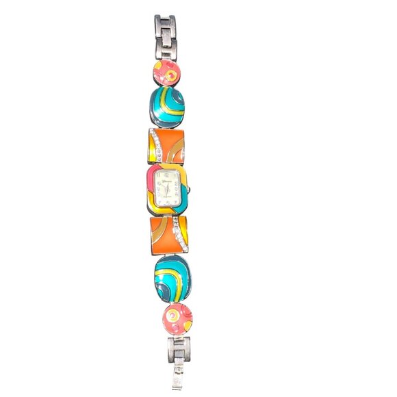 Geneva Womens Stainless Steel Back Watch With Colorful Enamel Face & Rhinestone - Picture 6 of 15